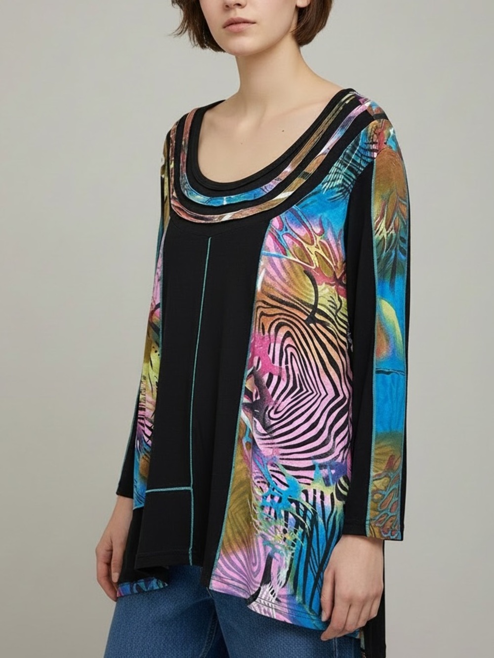 Parsley & Sage Artsy Black Tunic w/ Watercolor Print Panels, 3/4 Sleeves - Large